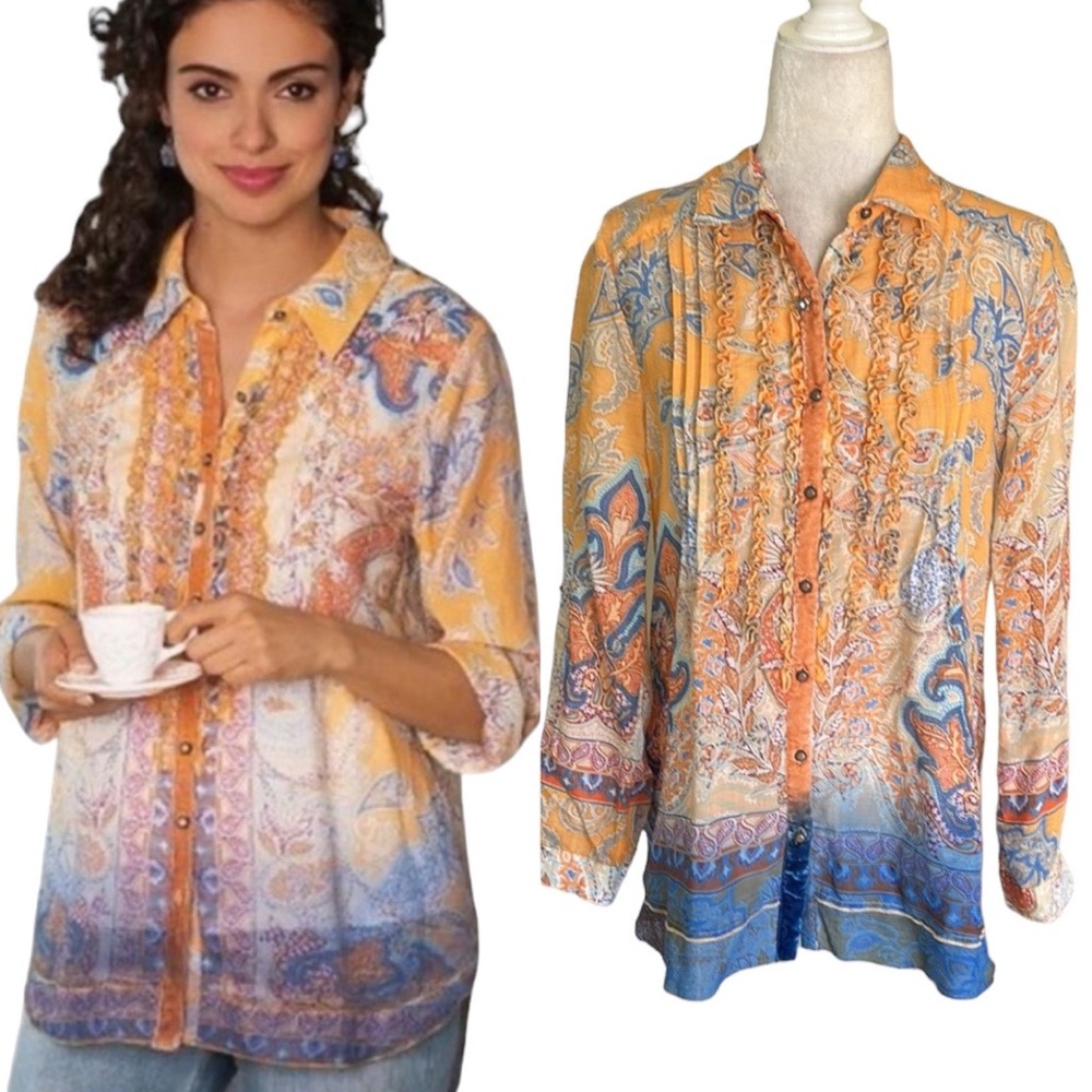 Anthropologie Aratta Silent Journey Peach & Blue Paisley Velvet Trim Blouse - S